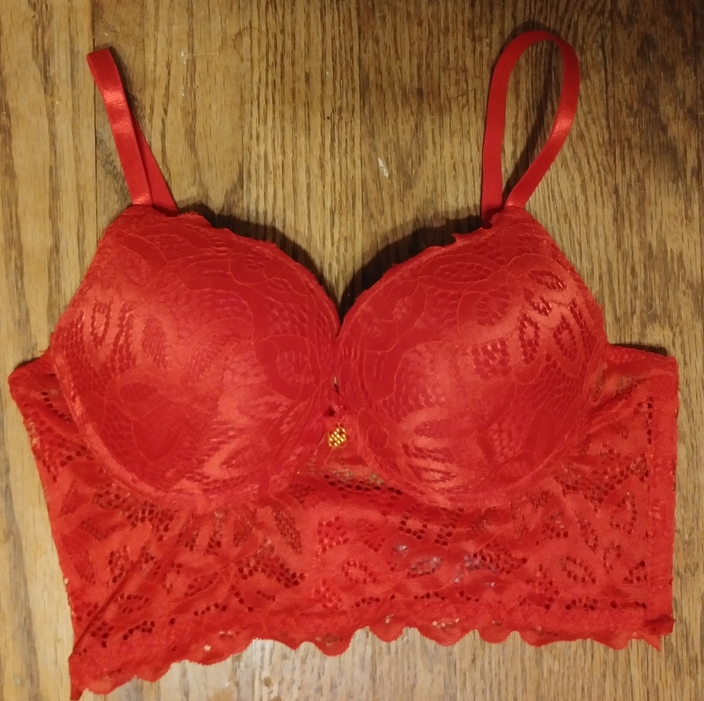 Daisy Fuentes Intimates Long line Lace Push Up Bra Hot Sauce Red - Picture 2 of 13